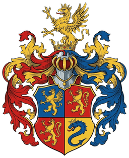 Das echte Familienwappen der Doraus mit Schild, Löwen, Adler und Krone