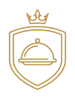 Das Emblem von Sei mein Gast: Schild, Cloche und Krone in Gold