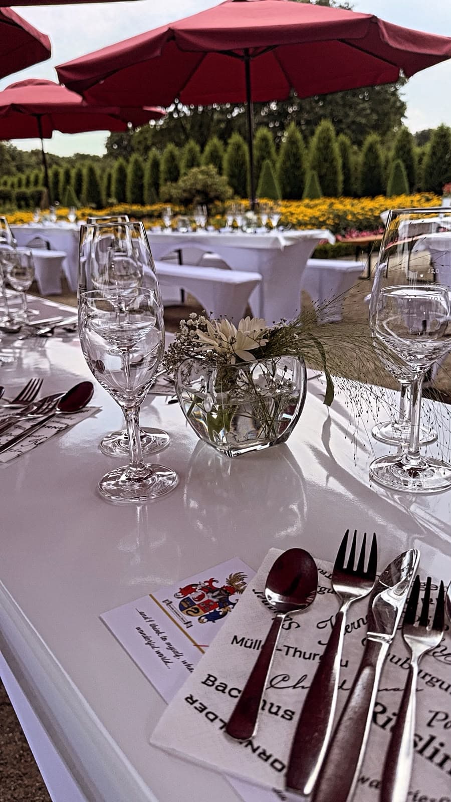 Sommerfest im Garten: gedeckte Tafel mit Wappen-Servietten unter roten Schirmen